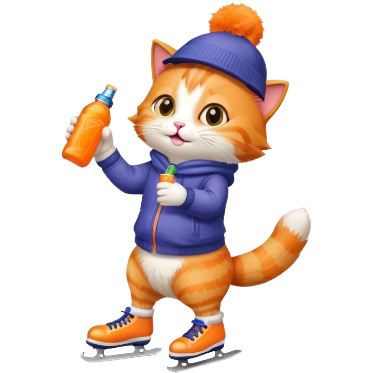 a cat holding a fanta bottle while skating in snow on his phone emoji