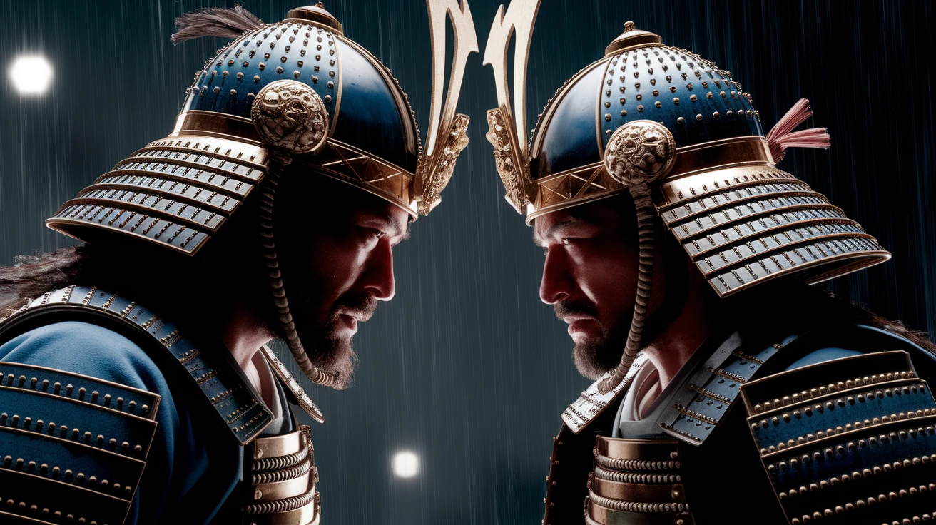 A cinematic scane of a two japan samurai face to face ready to fight during rain, Medium shot, deph composition, tense atmosphere, shot by arri alexa emoji