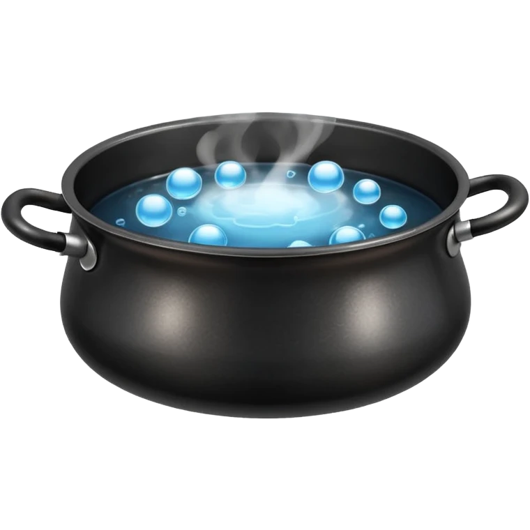 black small metal pot filled with boiling water on a stove, visible hot steam and rising bubbles, realistic heat effect, shiny pot surface, bright lighting, clean white background emoji