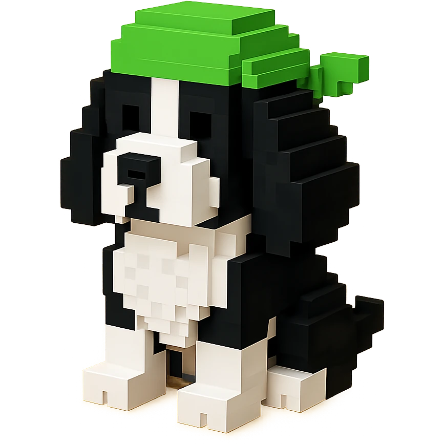 A black and white Russian Cocker Spaniel puppy wearing a green durag, voxel style, sitting emoji