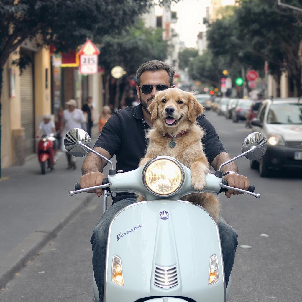 man and his pet dog riding a vespa emoji