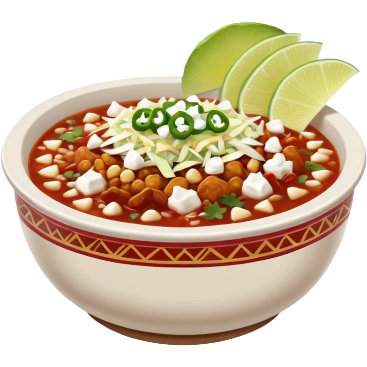 A delicious hot bowl of pozole rojo emoji. Steam rising. Hominy visible. Place the sides next to the bowl: chopped onions, shredded cabbage, lime wedges, red chile de arbol salsa, and full round tostadas with a light smear of sour cream emoji