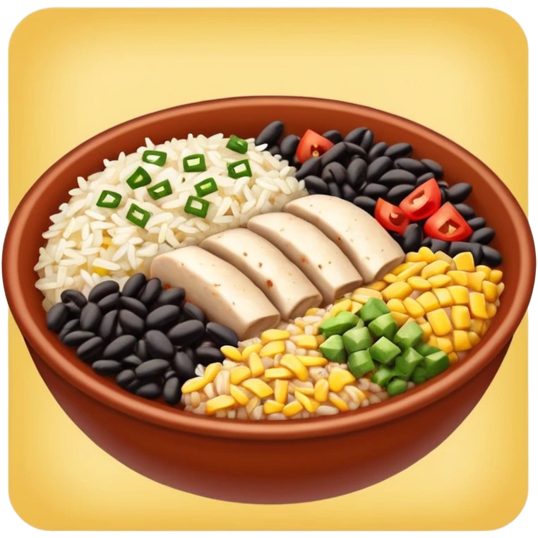 Burrito bowl with chicken, rice, and black beans emoji