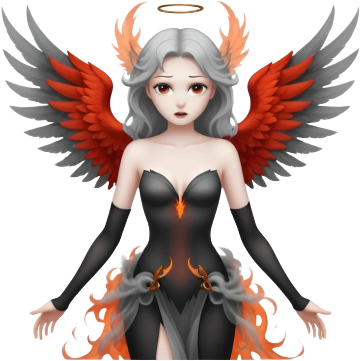 Winged woman standing motionless in smoke, restrained lust, infernal elegance emoji
