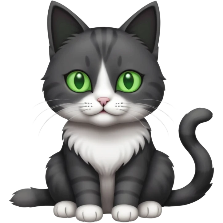 full body view of beautiful female solid dark grey cat with green eyes, white toes/paws and white patch on her chest emoji