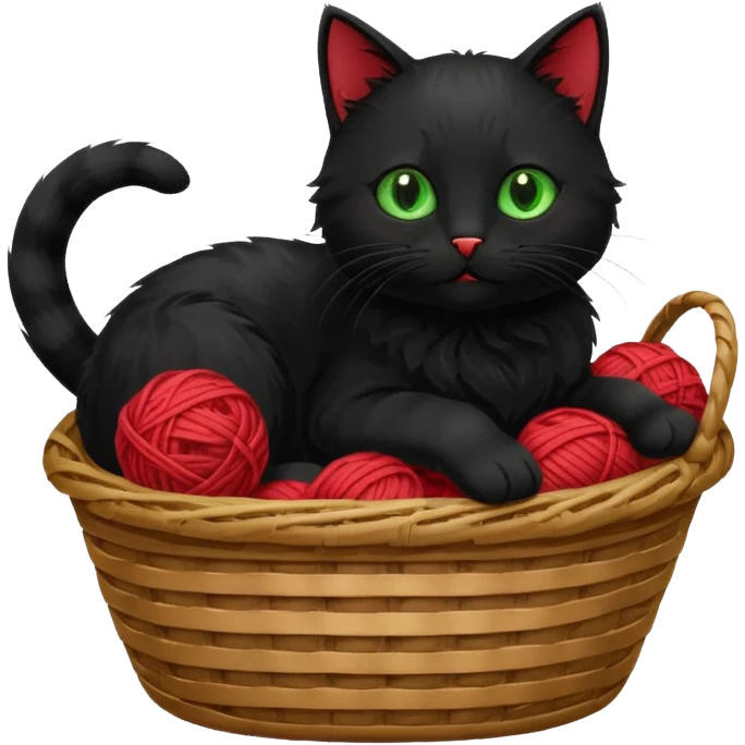 A playful black cat in a basket edge, playing with a yarn ball. emoji