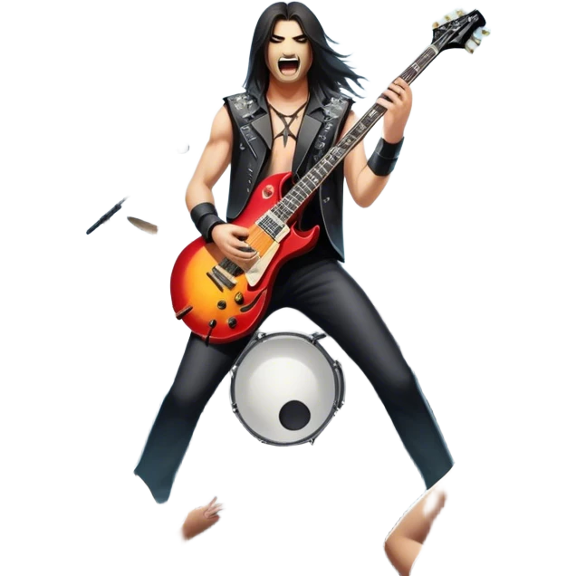 Icon for Heavy Metal: a metal band on stage, with electric guitars, drums, and a powerful vocalist. The atmosphere is intense with flashing lights, music notes, and a crowd of fans. The design should capture the energy and power of a live heavy metal performance. Transparent background. emoji