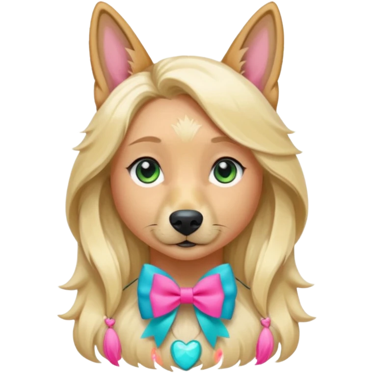 A white Long Wave blonde Hair Woman with blue-green eyes with a Brown eyed White Shepard with a little bit beige in then end of the ears and a lneom Link bow in neck in a lovely pose emoji