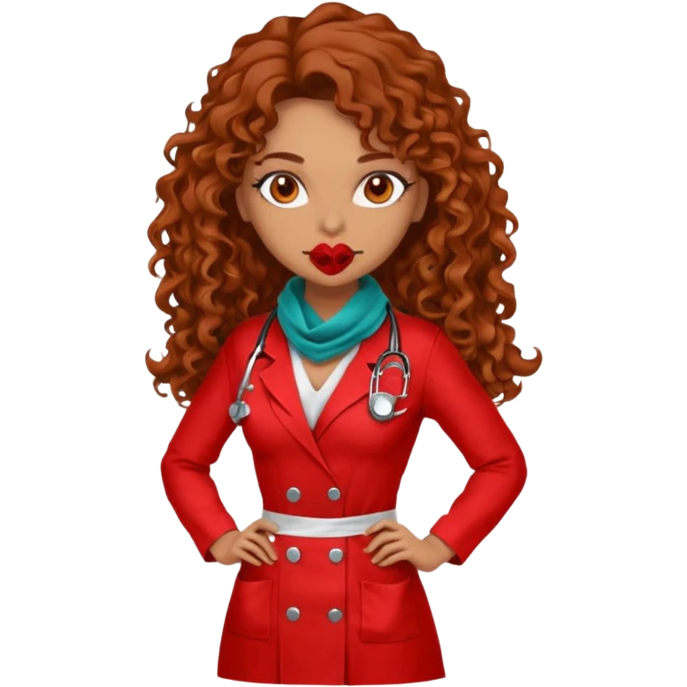 Sensual Spanish Lilith core evil surgeon.red outfit.  Surgeon has hazel eyes. Her hair is BROWN. Hair is also  long and  curly. wearing a sexy surgeon outfit with platform  heels.she is a calculated smart killer. She covers only her mouth and nose with silk scarf to hide identity  emoji
