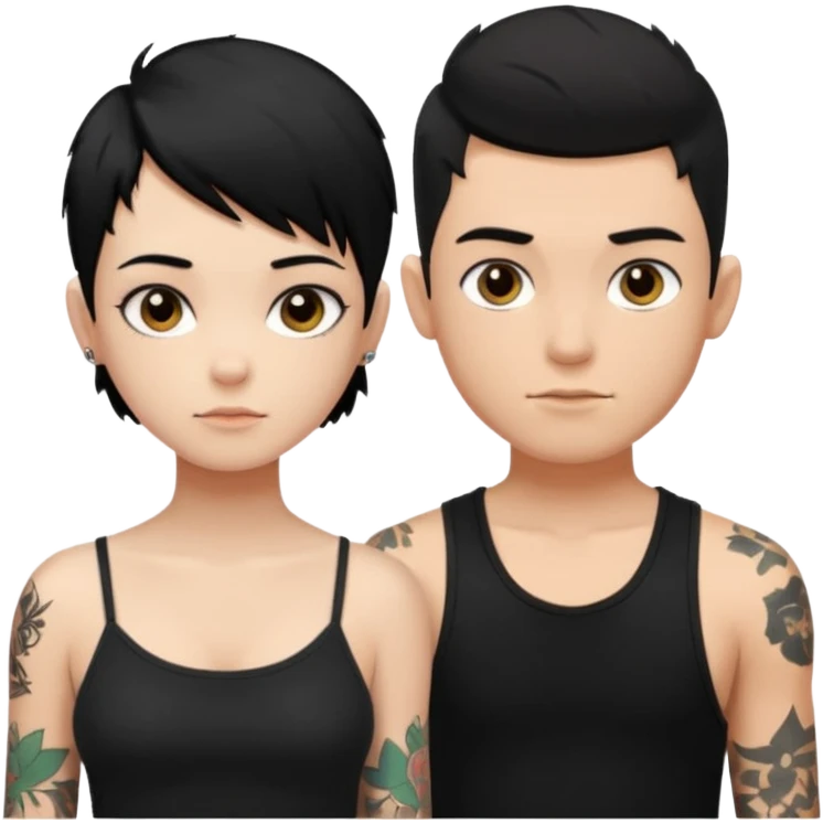 generate a fair boy with messy black hair, tattoos. standing beside a fair black haired girl wearing a black cami top and a boy with a buzz cut  emoji