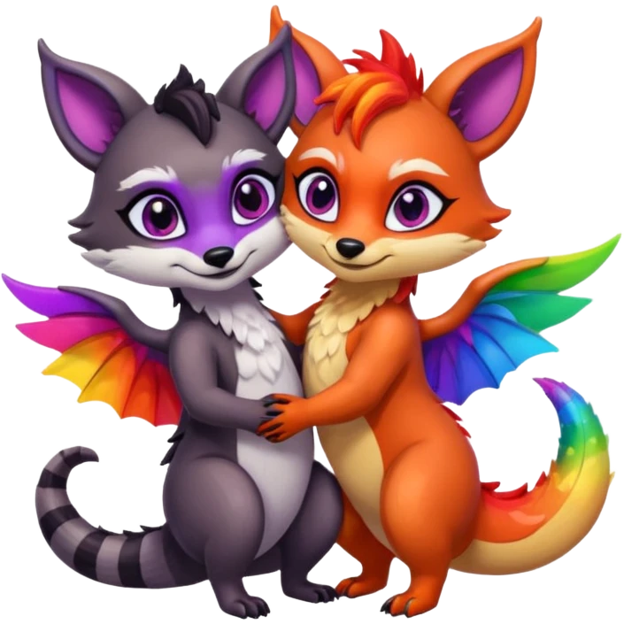 black female raccoon dragon hybrid with rainbow colored wings and purple eyes giving a hug to a red female fox dragon hybrid with rainbow colored wings and orange eyes emoji