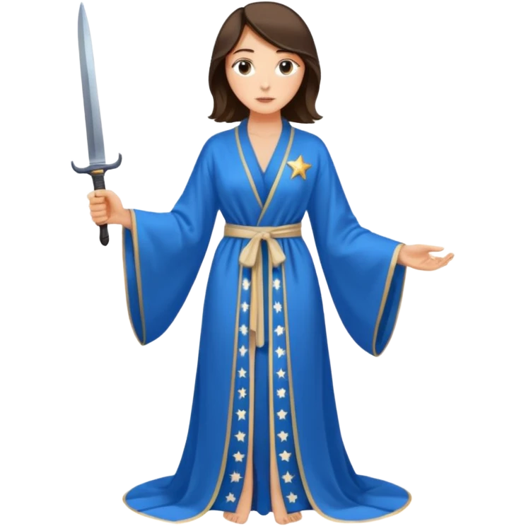 An upright Europe (a tall woman), wearing a blue, flowing robe with stars on the hem. In the background stands a man, with a knife emoji