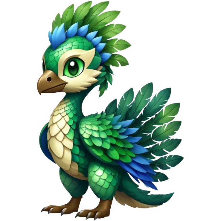 Cute cool fantasy animal hybrid Fakemon full body, green scales, green leaves, brown eyes, blue feathers emoji