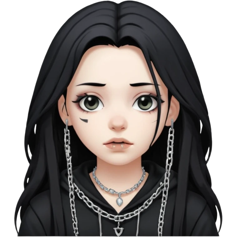 Female Goth with Beanie
 Messy long hair, white skin, oversized black hoodie, chain accessories. emoji