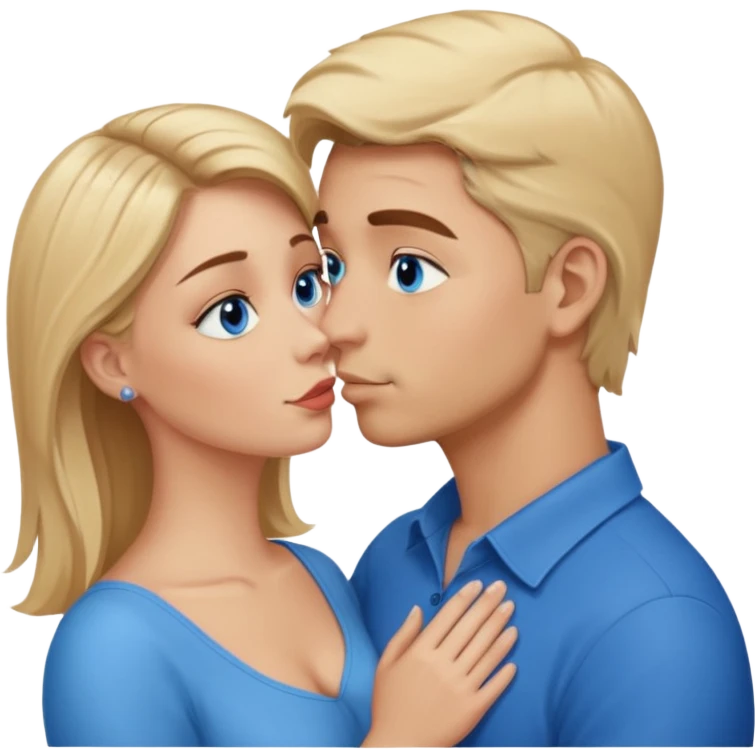 Man with blonde hair and blue eyes kissing his wife with brown hair and brown eyes  emoji