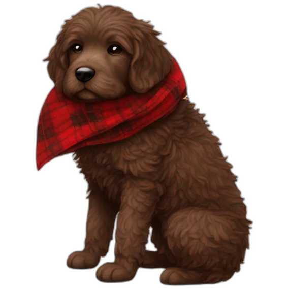 A chocolate colored doodle with a red and black flannel handkerchief sleeping emoji