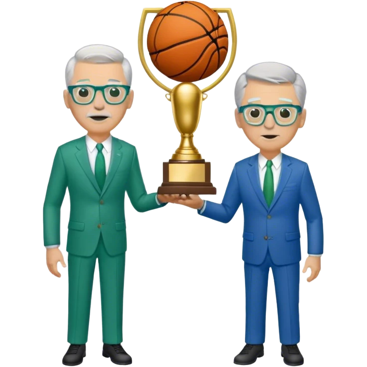 Full Body white  2 x male  wearing glasses with a goatee with light blonde and gray very short hair basketball head Coach in blue and green suit holding trophy emoji