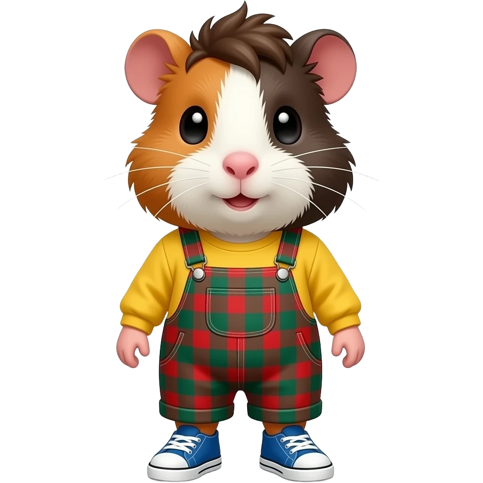 crazy dark brown haired guinea pig in long sleeve yellow top with red and green checked ovealls and blue sneakers emoji