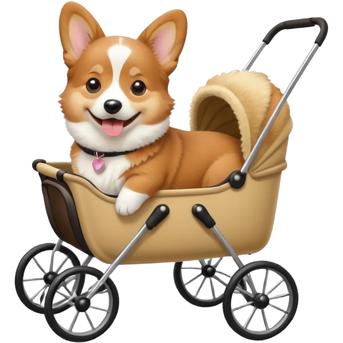 realistic corgi sitting in a dog stroller, apple style emoji, corgi looks real emoji