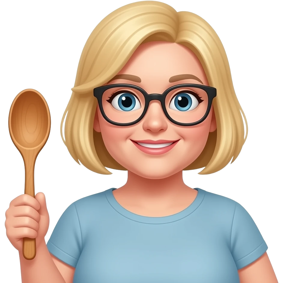 blonde  overweight woman, glasses, wooden spoon, buzz cut emoji