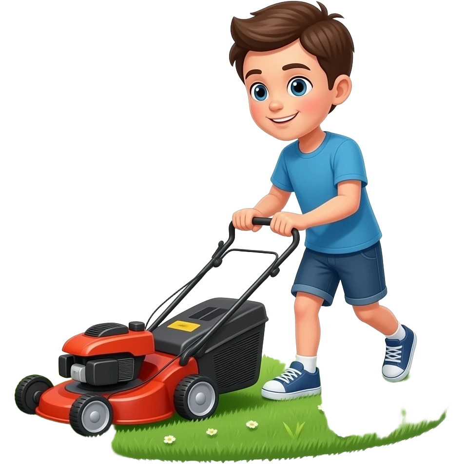 an urban boy mowing the lawn with a lawn mower emoji