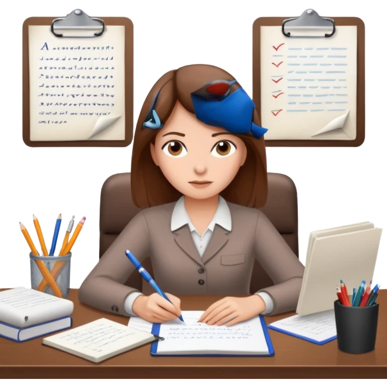 a girl with brown hair on a desk writing on a note book with a lot of papers around and on the papers is writing business strategy  emoji