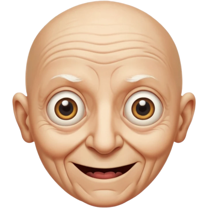A bald person who’s very old is staring, head upright and looking at the camera with very wide eyes and a massive smile, in a very creepy way. emoji