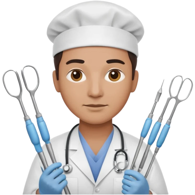 neurosurgeon holding multiple surgical instruments, confident expression, apple emoji style emoji