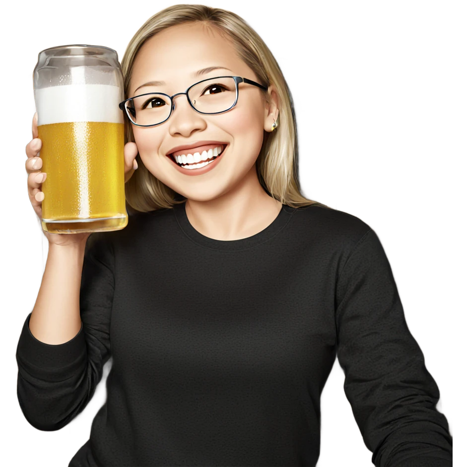 smiling girl with beer cup emoji