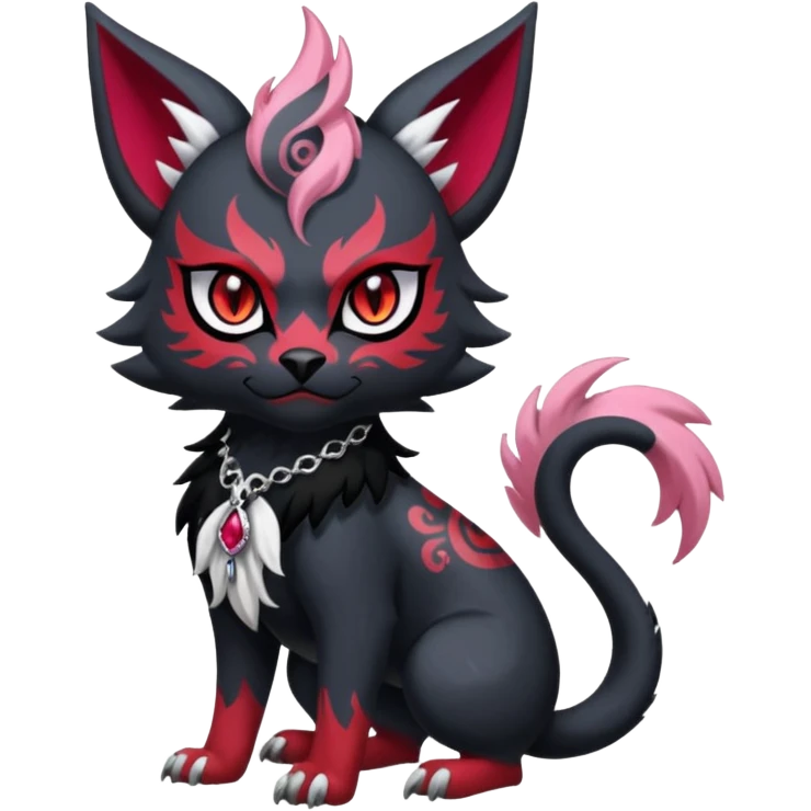 Asian-painted tattooed oriental Floral gothic edgy emo cool and ruby-jewelry-adorned Absol-Litten-Amaura-fusion-Fakemon-animal-creature  emoji