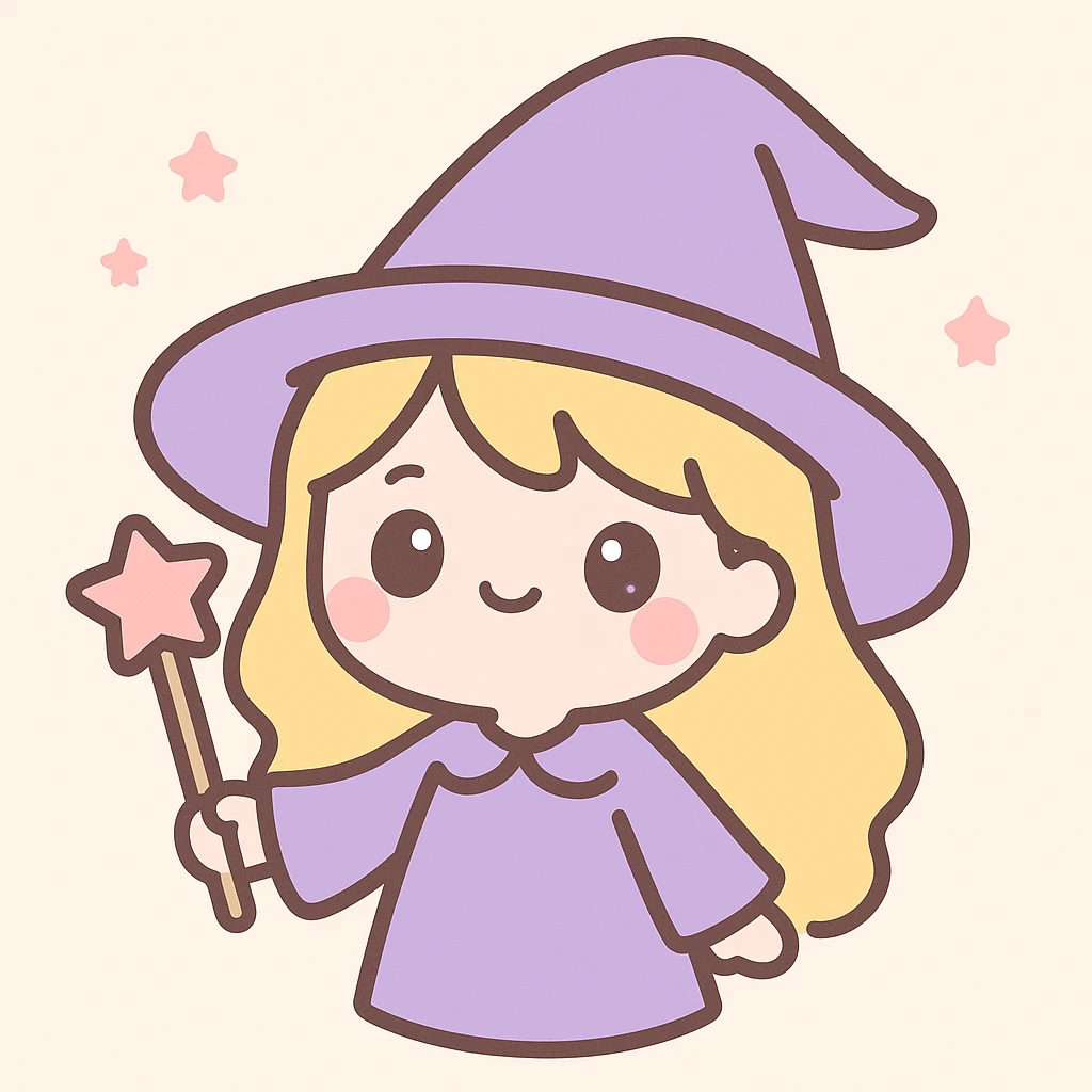 blonde girl wizard, oversized purple hat, cute and whimsical expression, enchanting and playful emoji