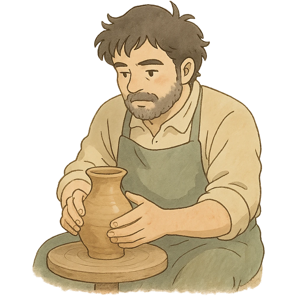 ghibli style man doing pottery, soft colors, detailed emoji