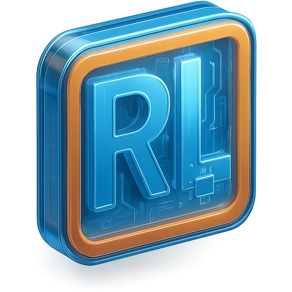 Add a tech-inspired icon such as a circuit, microchip, or digital element to the modern 'RL' logo. Keep the design minimalistic and professional with clean lines and a subtle metallic or gradient finish. Maintain the transparent background. emoji