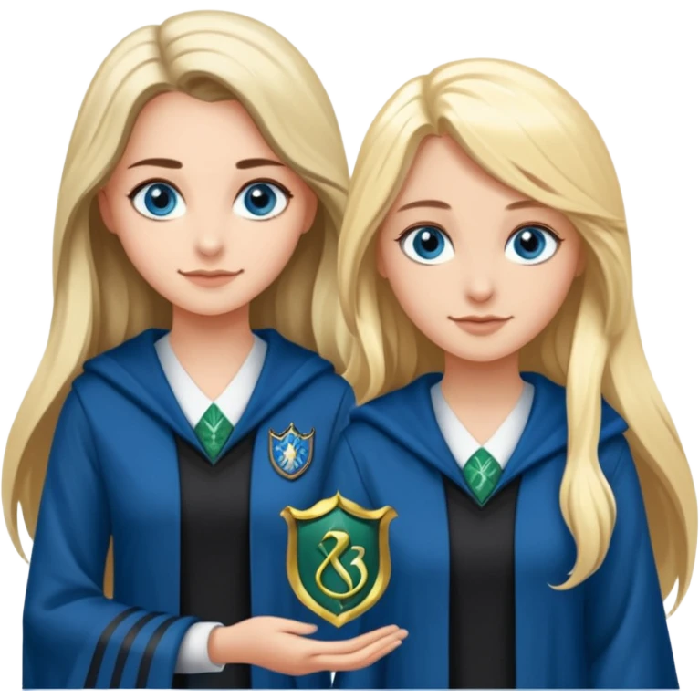 a pretty ravenclaw girl with long brown hair and blue eyes standing with a hot Slytherin girl with long blonde hair, blue eyes and big boobs  emoji