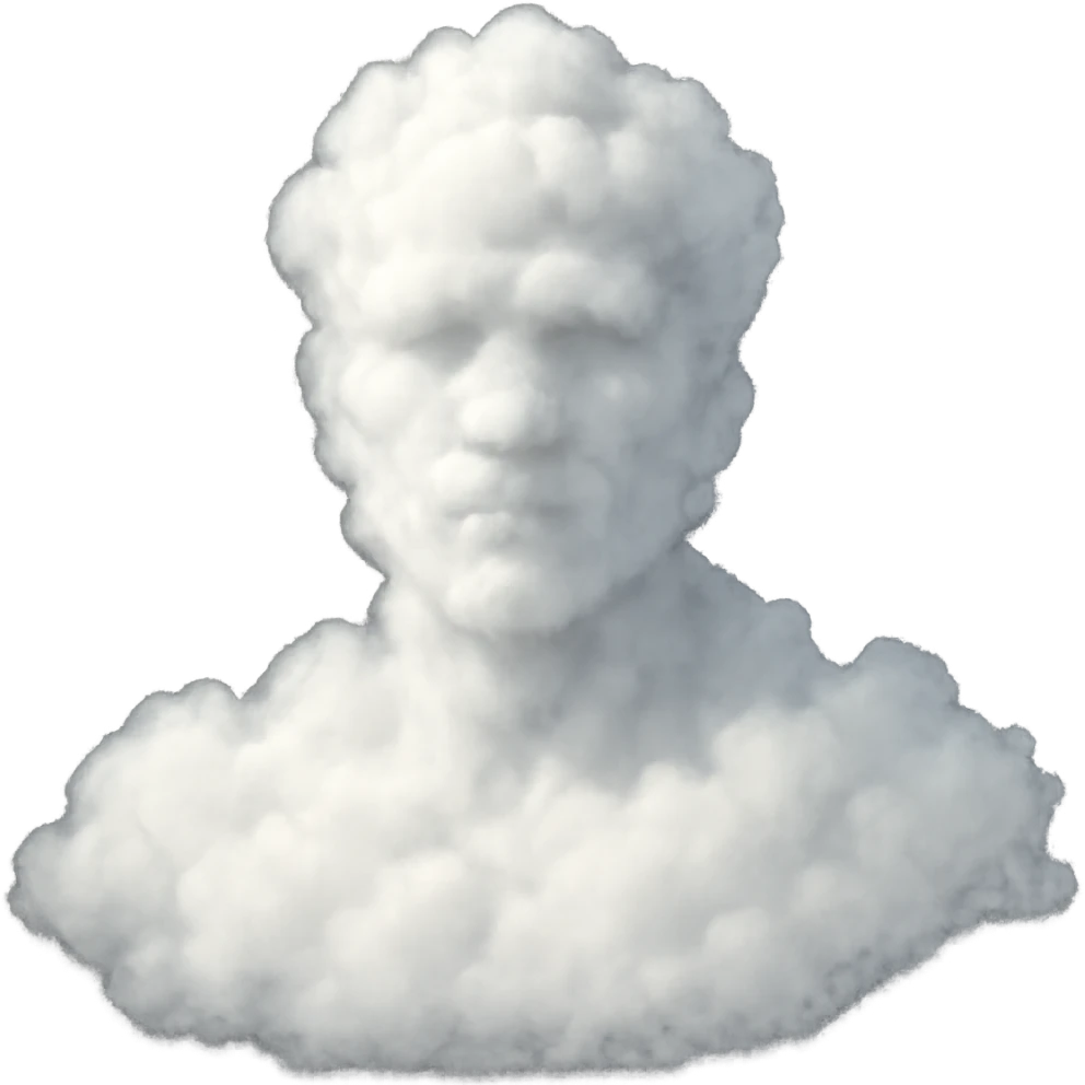 A person made entirely of soft, white, voluminous clouds, shown from the shoulders up, facing forward, in a style similar to a photo, with realistic and fluffy cloud texture emoji
