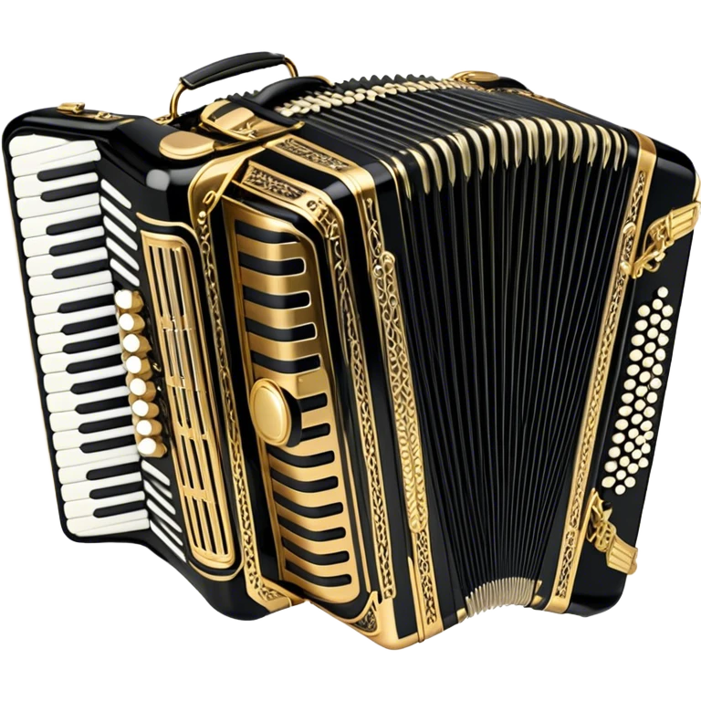 Create an elegant and detailed emoji representing a luxurious Weltmeister accordion. The design should feature the accordion with its signature bellows and intricate metal grille, showcasing the refined craftsmanship. Add subtle musical notes around the accordion to symbolize the rich sound it produces. Use a combination of gold, silver, and deep black or brown tones to highlight the instrument's luxury and high-end nature. The background should be transparent. emoji