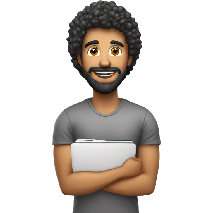 Homem sorrindo com notebook as pernas não devem aparecer, cabelo crespo e preto sem bigode e nariz pequeno estilo cartoon 3d jovem emoji