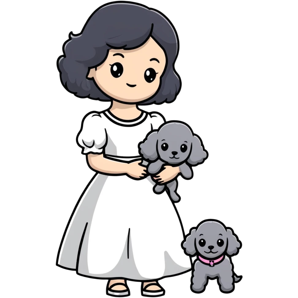 beautiful girl with long black hair in a white dress holding a small gray poodle emoji