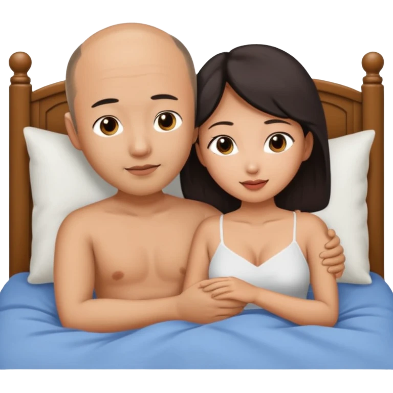 slightly balding asian man making love to asian woman in bed emoji