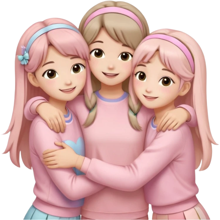 Four girls hugging each other, all wearing soft pink clothes, two with long hair and two with shoulder-length short hair, smiling, with hair accessories like headbands or ribbons, pastel color palette, soft shading, make someone pose with two fingers and someone kisses his cheek emoji