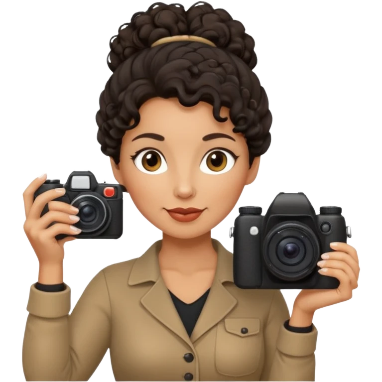 48 year old woman photographer with dark curly hair in a bun emoji