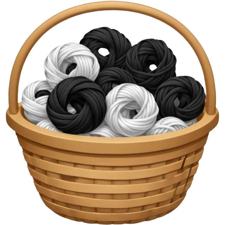 A basket with tangled black and white yarn spilling slightly over the side. emoji