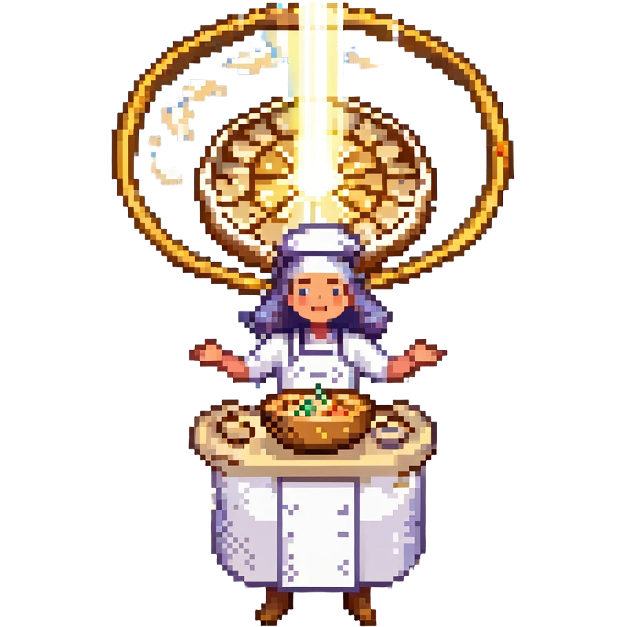 A divine baker surrounded by floating utensils, radiant ingredients, and a halo of light. The oven levitates, powered by pure energy. UI resembles clouds, golden rays, and ethereal scrolls—like a heavenly recipe interface. emoji