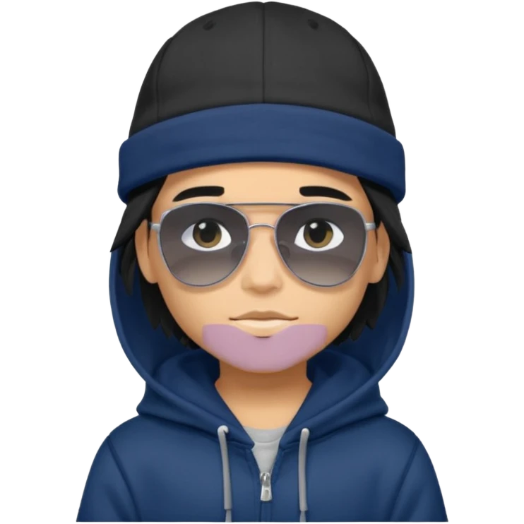 generate a fair pretty bratz boy wearing a dark blue cap with black sunglasses and a grey hoodie

hair black long emoji