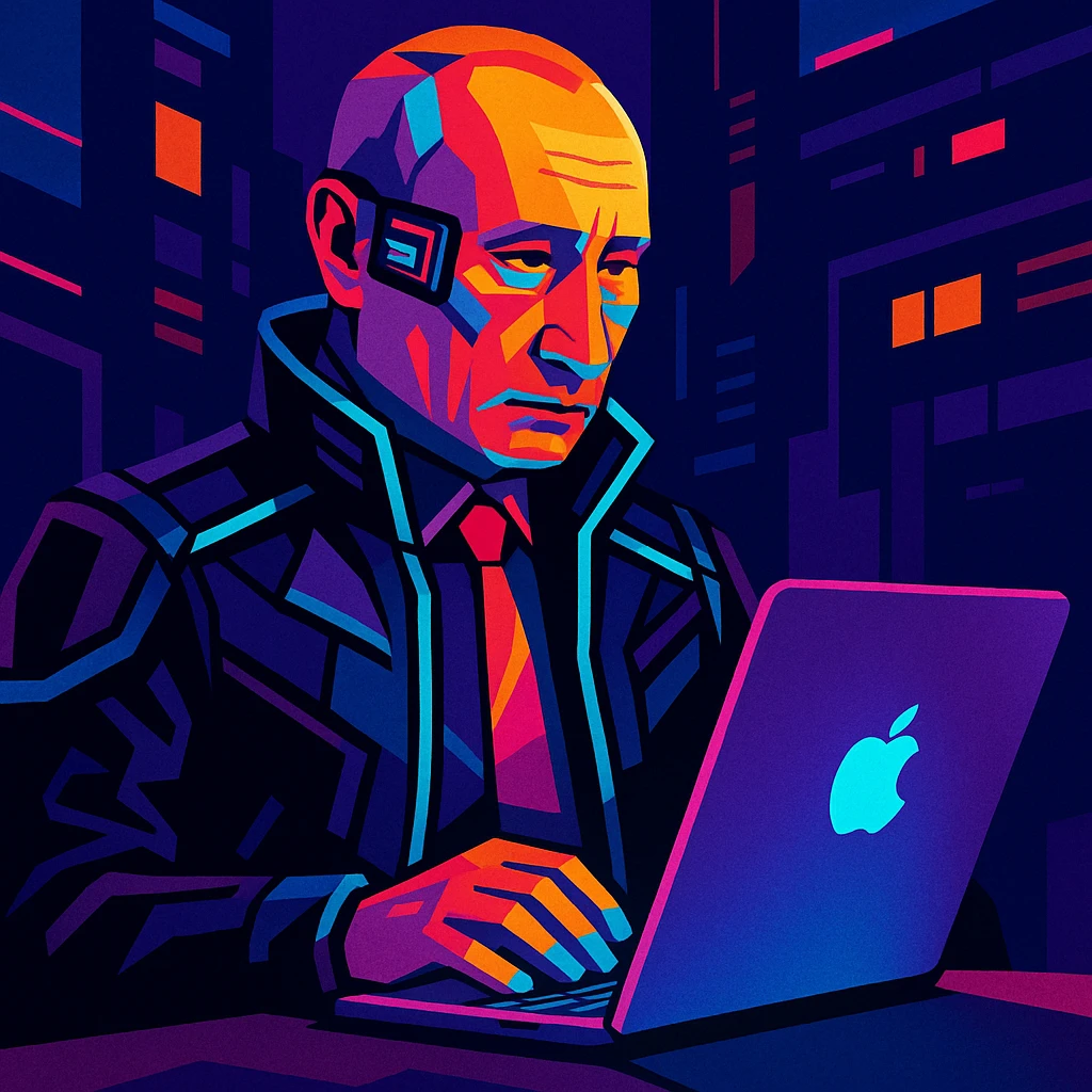 Futuristic cyberpunk-themed Vladimir Putin using a glowing MacBook emoji