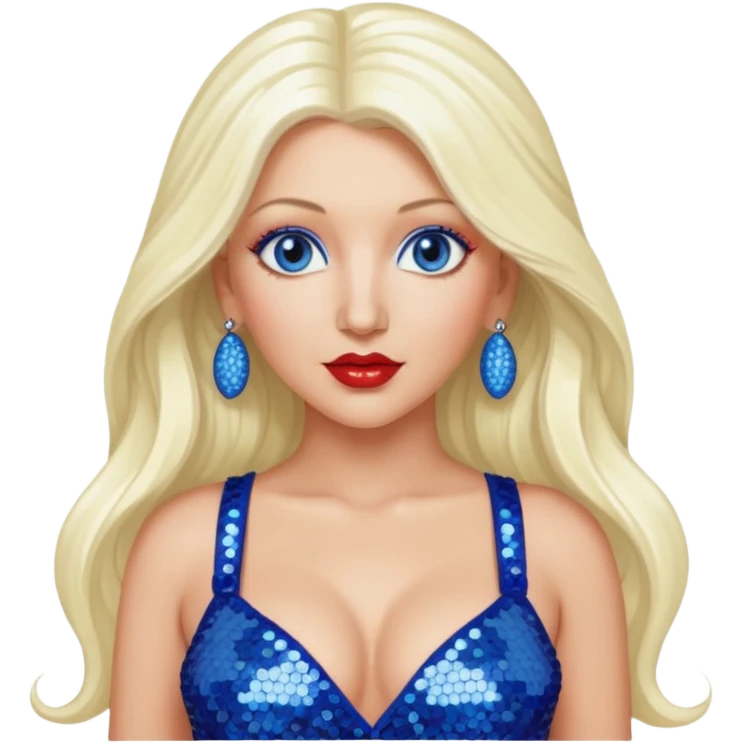 Christina Aguilera with long platinum blonde hair, periwinkle sequin crop top, red sequin pants, blue eyes emoji