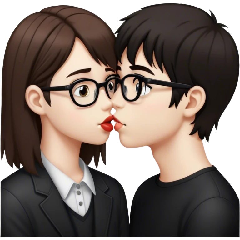 brown hair nerd boy kissing black hair emo girl without glasses emoji