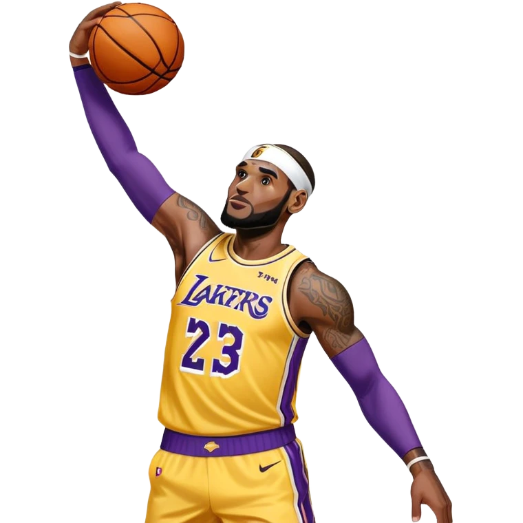 Basketball player LeBron James with headband, Lakers jersey #23, dunking emoji