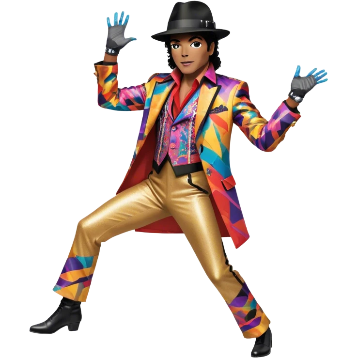 Icon for R&B Music: Michael Jackson in full body, wearing a bright, recognizable costume—sparkling jacket, black fedora, and signature glove. He is in a dynamic, energetic pose, with musical notes and abstract patterns surrounding him. Transparent background. emoji