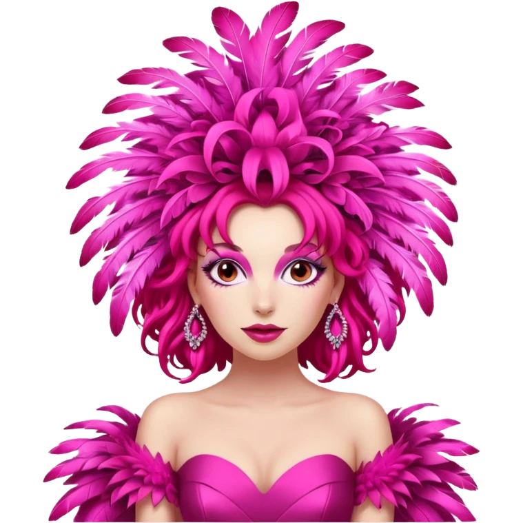 A vibrant woman with theatrical red ringlets and a massive pink feathered headpiece strikes a playful pose in an exaggerated, storybook-style hot pink gown. emoji